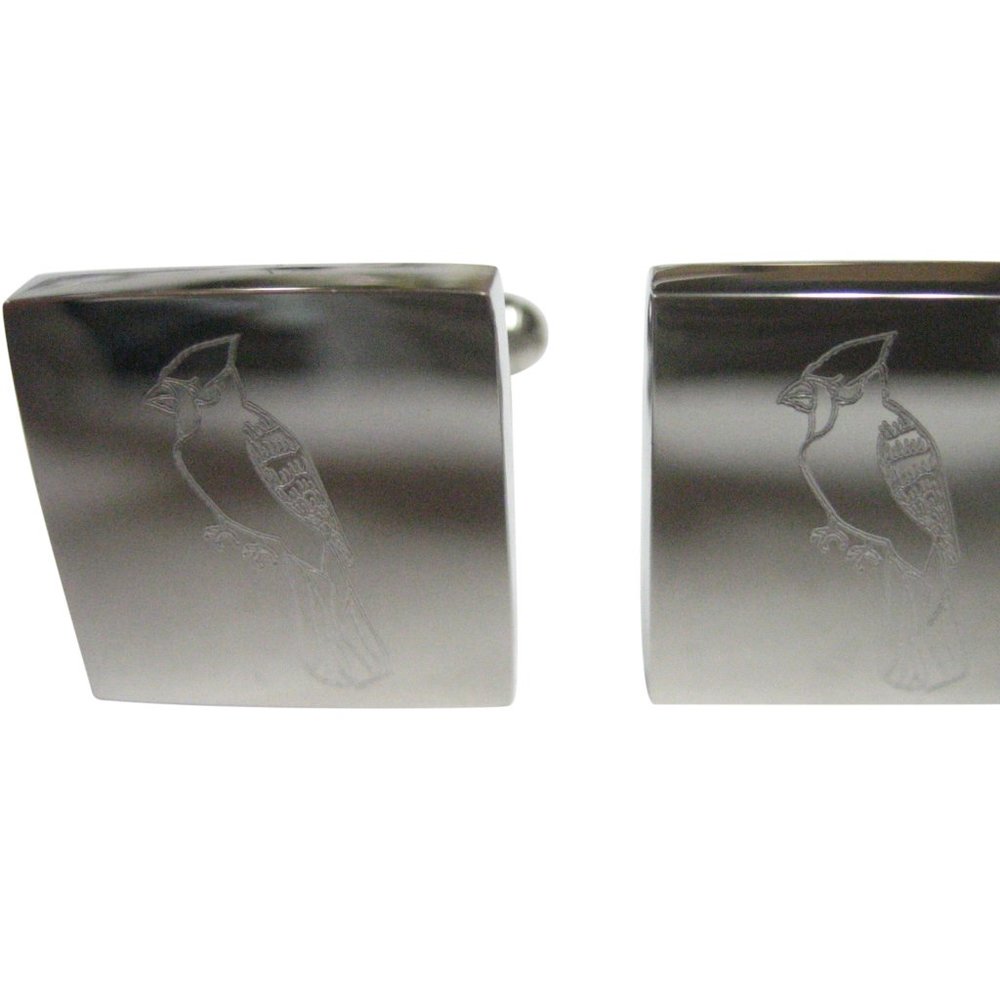 Silver Toned Square Etched Blue Jay Bird Cufflinks
